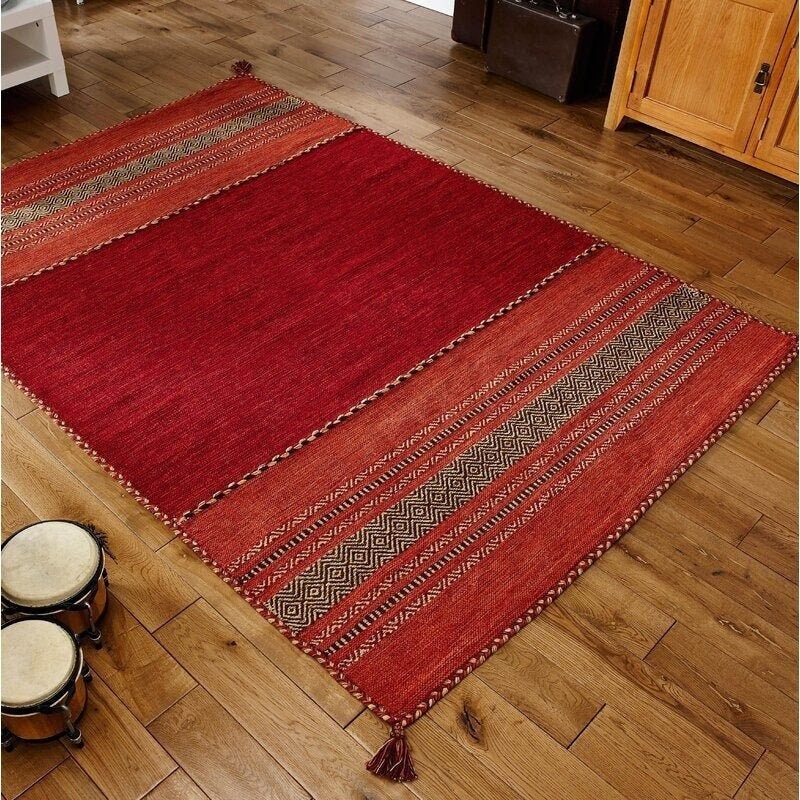 Red Kilim Rug | Handwoven Indian Rug | Artistic Moroccan Style Rug | Ethnic Living Room Rug with Cushions | Bohemian Hallway Runner