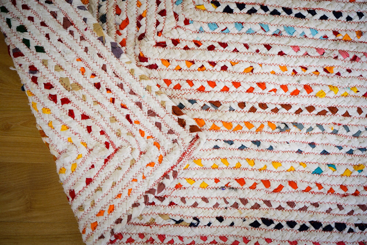 Close-up of recycled cotton weave texture on rag rug
