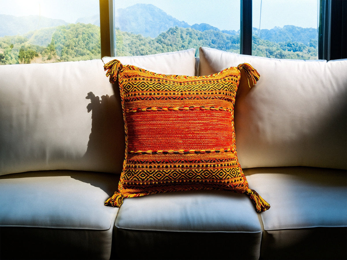 Orange Moroccan kilim cushion cover set, flat lay view