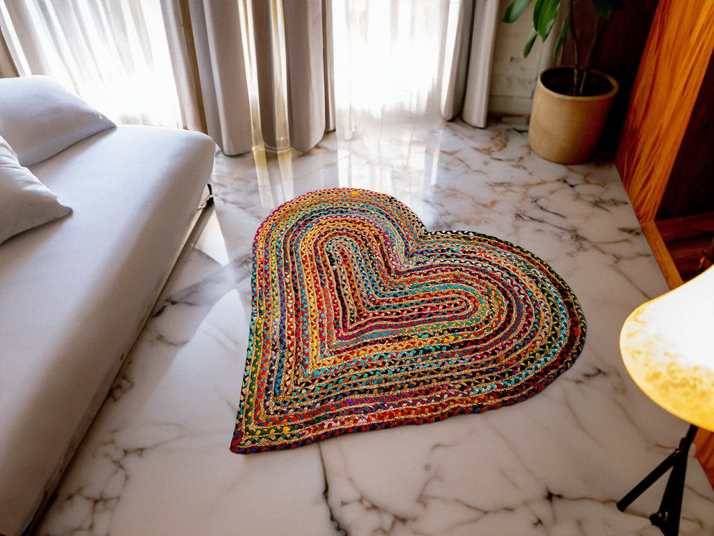 Heart Shaped Chindi Jute Multicolour Rag Braided Boho Rug, Bohemian Jute mat , Eco friendly Rug, Coastal Rug, Natural Rug, Jute Rag Rug