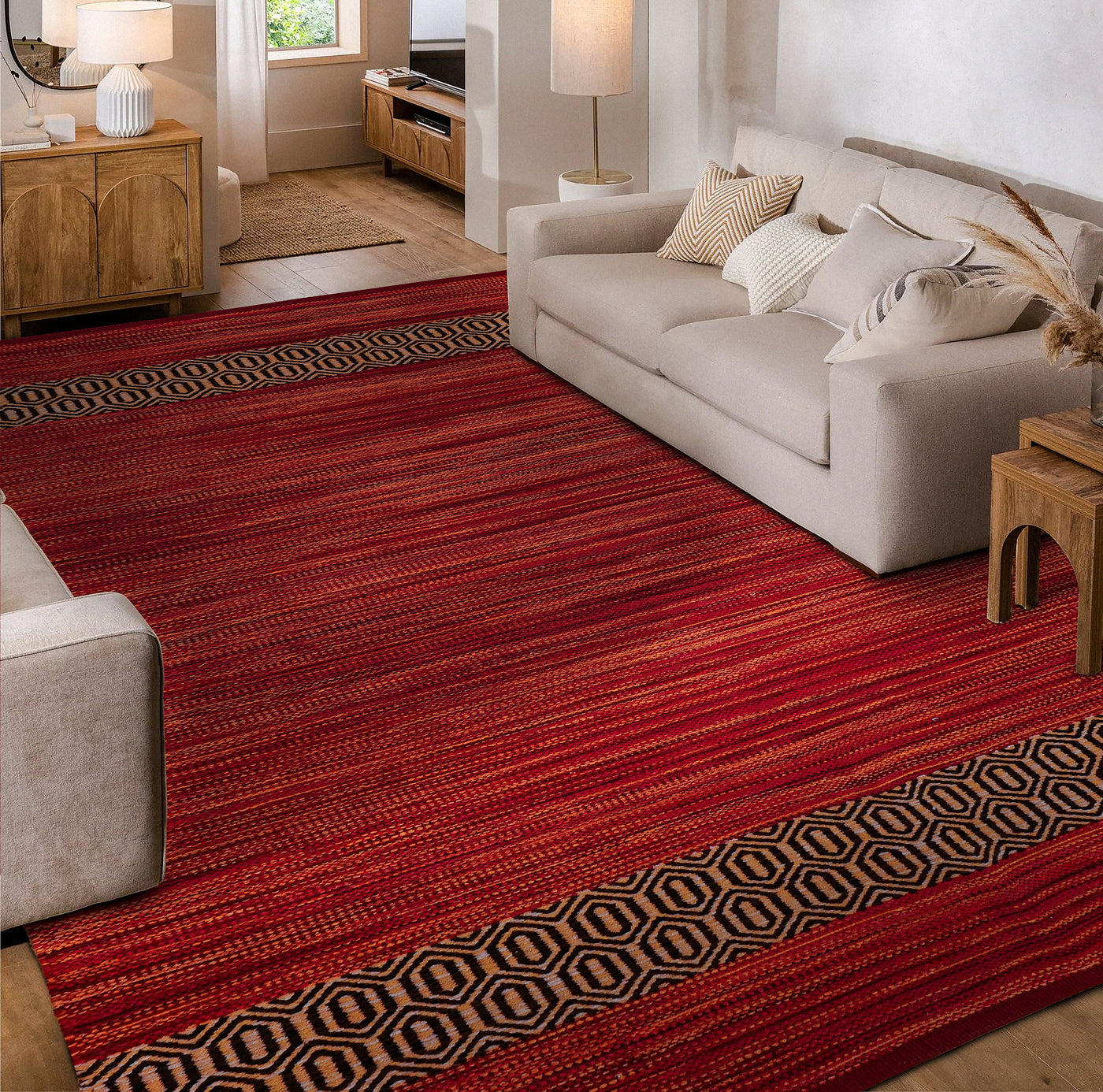 Red kilim rug Himalaya laid flat showing full diamond pattern