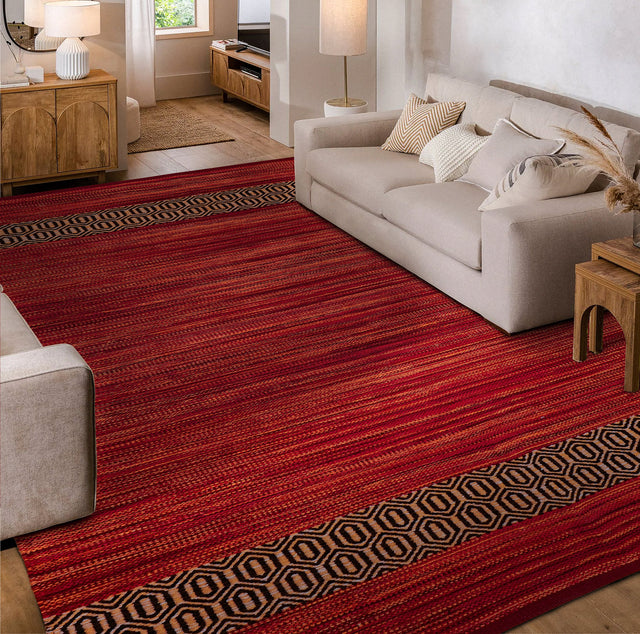 Red kilim rug Himalaya laid flat showing full diamond pattern
