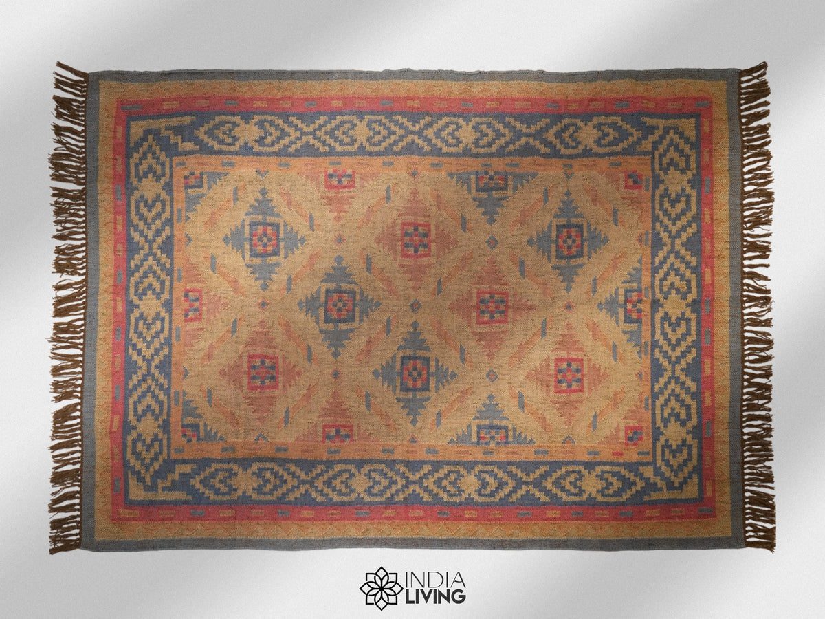 Navajo kilim rug flat view showing tribal motif pattern