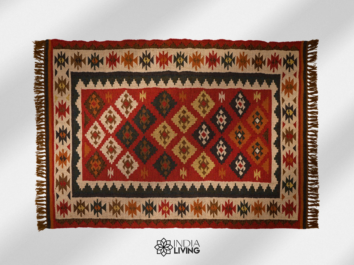 Red kilim rug placed on a patio setting