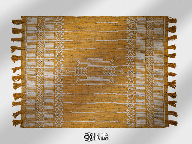 Handwoven yellow tribal petyarn rug, flat lay view
