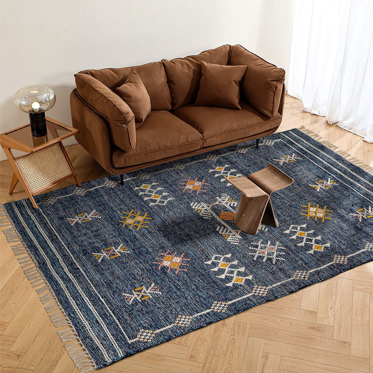 Denim blue kilim rug on patio