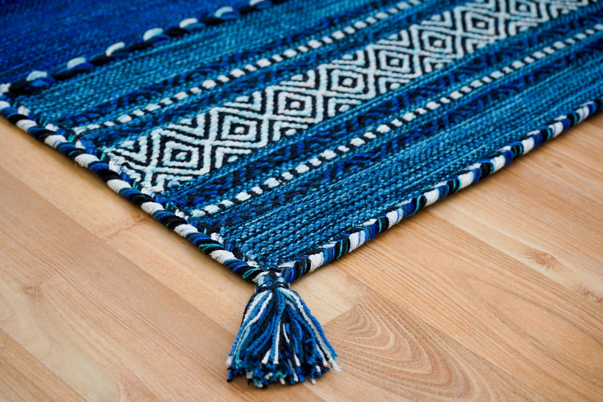 Close-up of blue kilim diamond weave texture