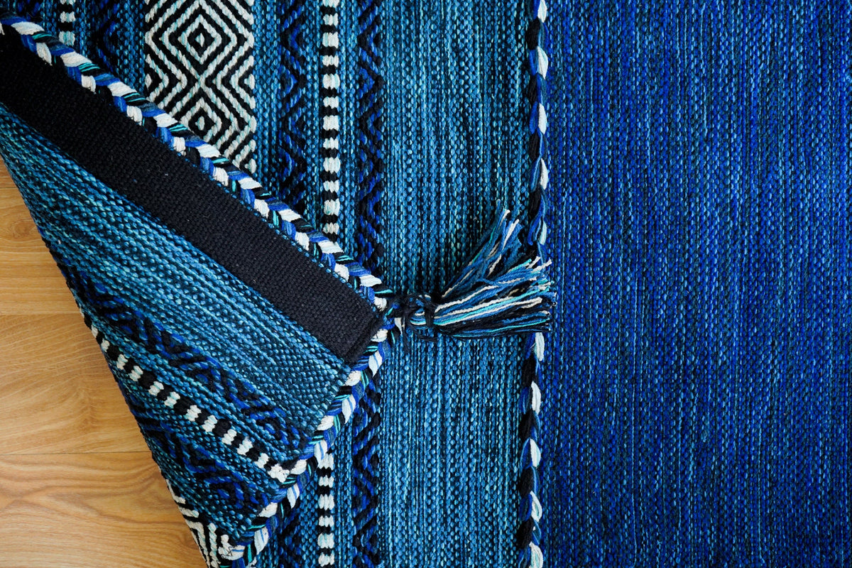 Blue kilim runner weave detail close-up