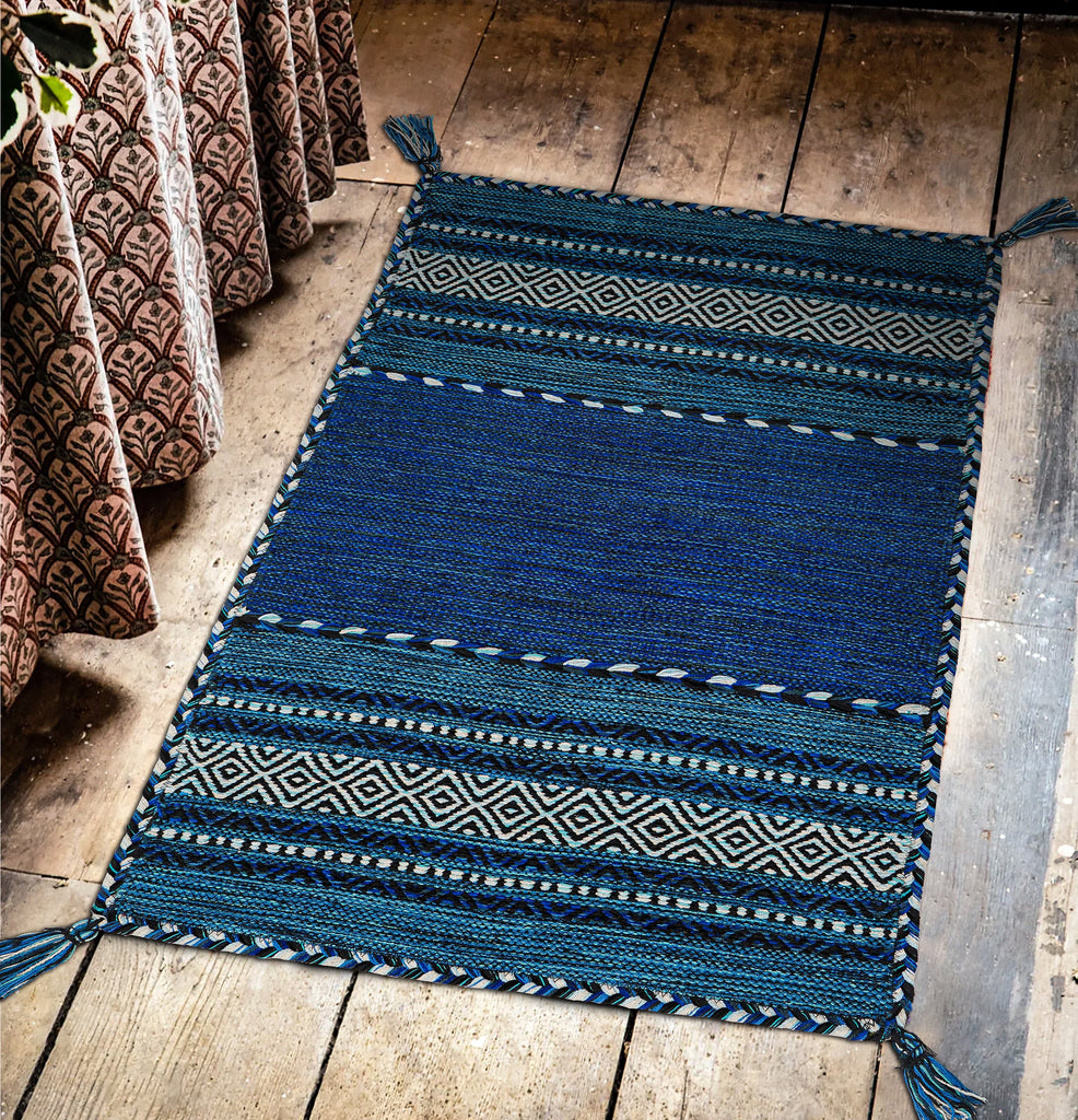 Blue Kilim Rug, Moroccan Inspired Ethnic Decor Bohemian Indian Handmade Flat weave carpet