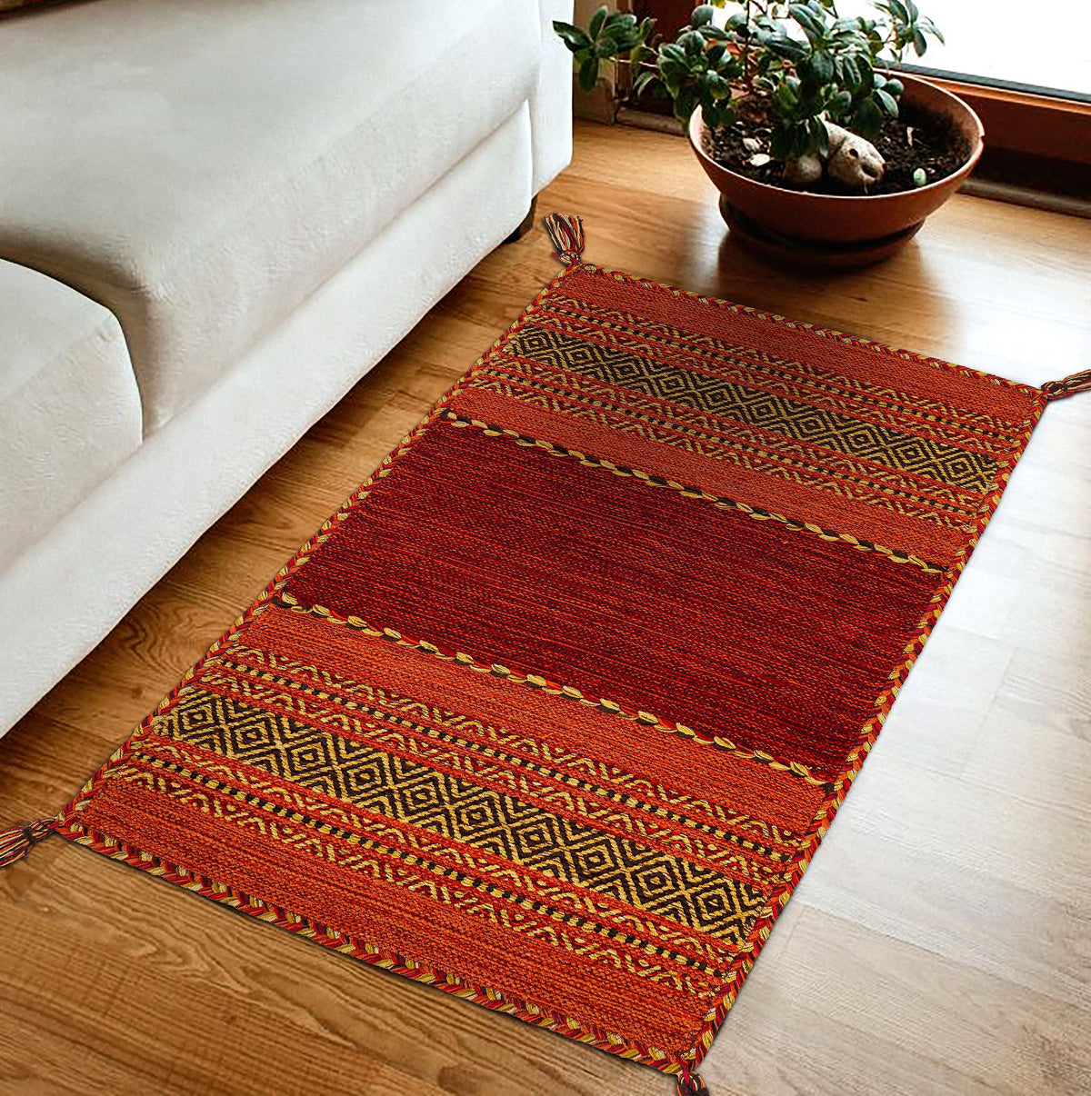 Close-up of red diamond pattern chenille weave