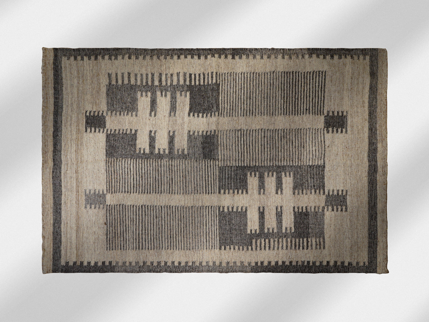 Grey beige rustic flatweave wool rug, flat view