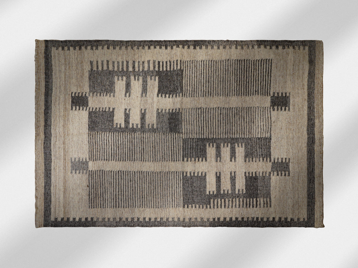 Grey beige rustic flatweave wool rug, flat view