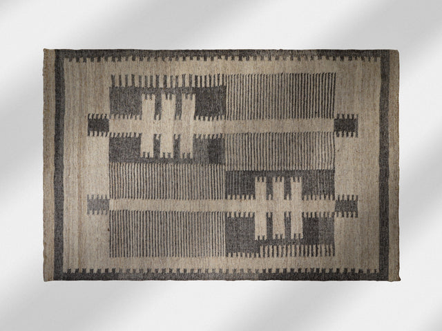 Grey beige rustic flatweave wool rug, flat view