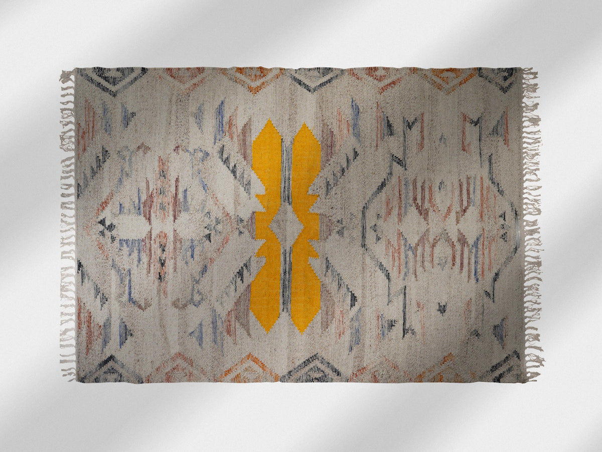 Beige abstract kilim wool rug, flat lay view