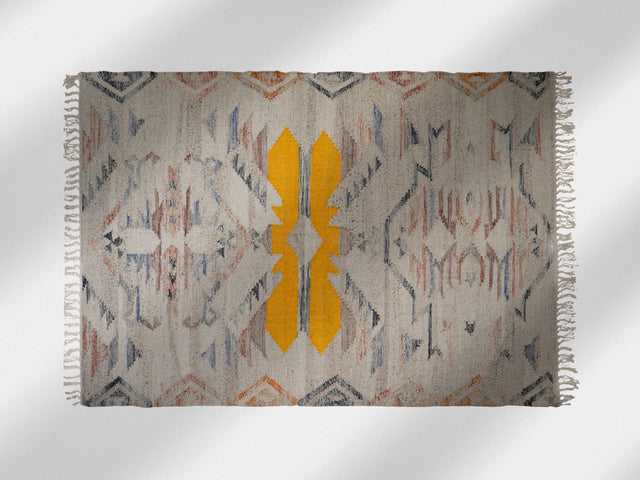 Beige abstract kilim wool rug, flat lay view