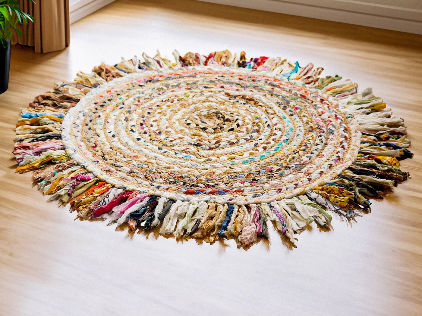 Chindi round rag rug flat lay