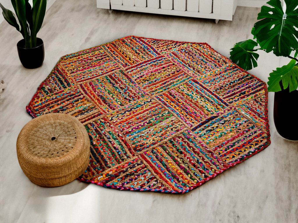 Chindi Jute Multicolour Rag Braided Boho Round Rug, Bohemian Jute mat , Eco friendly Rug, Coastal Rug, Natural Rug, Jute Rag Rug