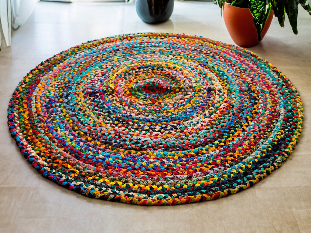 Chindi Braided Round Rag Rug, Rainbow rug, Colourful Boho Mat, Custom made,