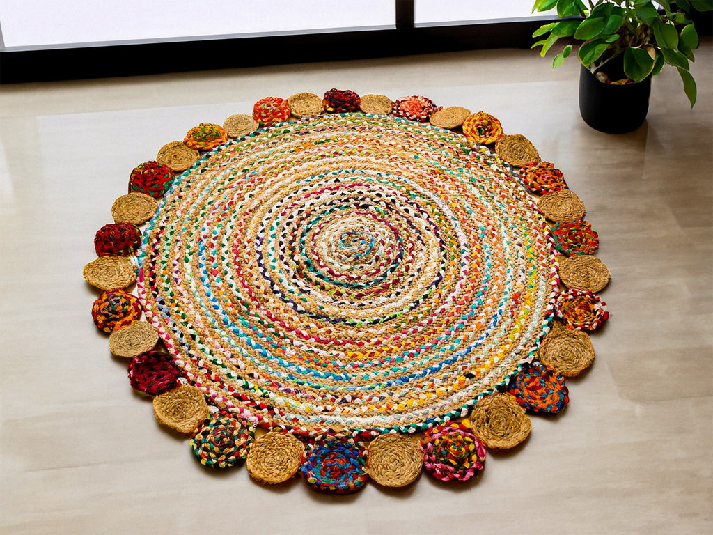 Colourful Chindi Jute Braided Rug, Reversible Floor Mat Round,Multicolour Jute Mat for Living room, Bedroom, Eco friendly, Upcycled