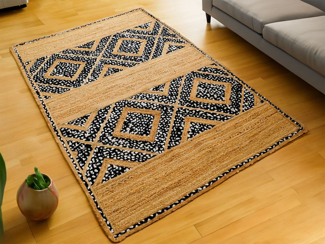 Black and white jute rag rug, flat lay view