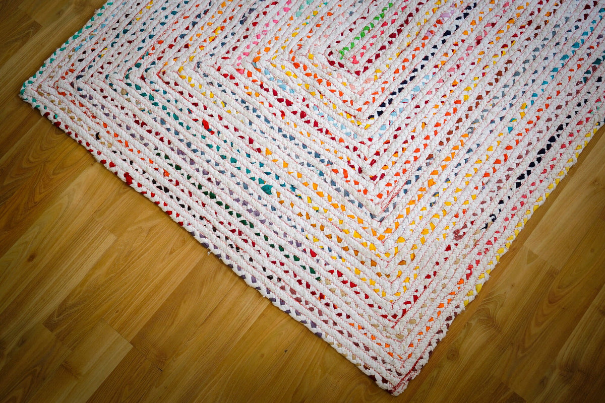 Detail shot of cotton strip texture on rainbow rug