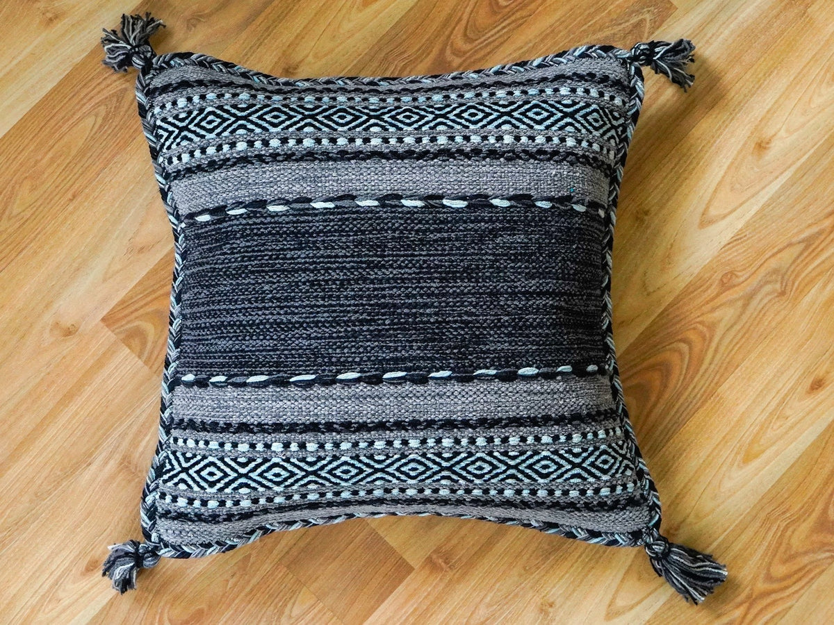 Grey Moroccan cushion set corner and tassel detail
