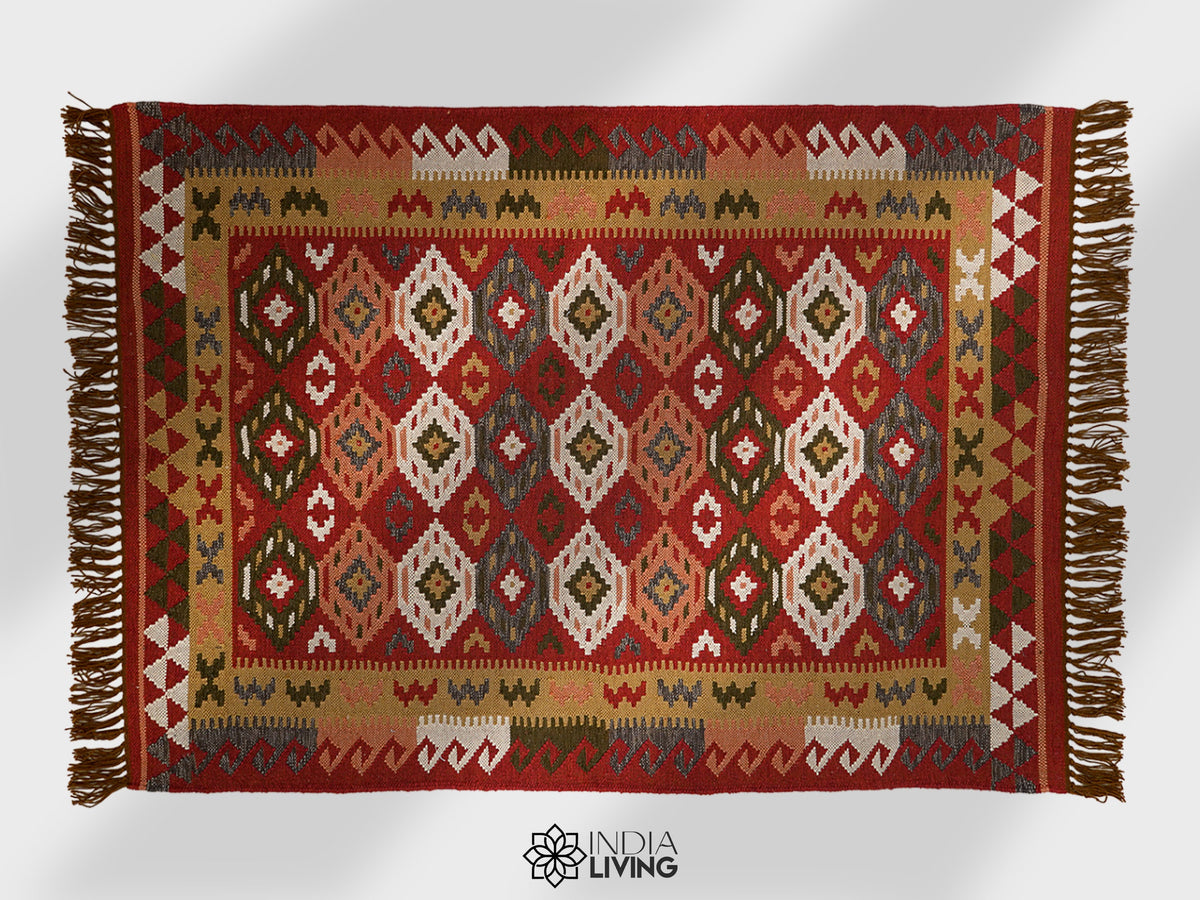 Red traditional kilim rug in entryway setting