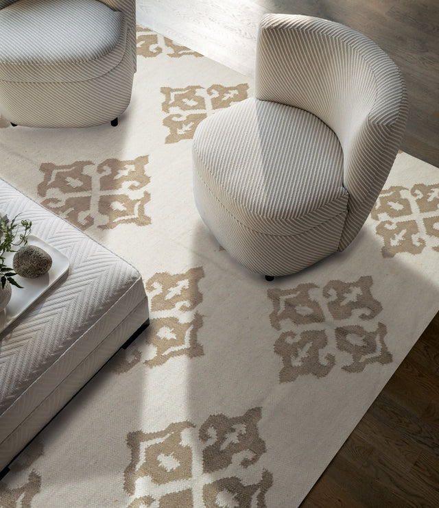 Premium white wool kilim rug flat view showing abstract pattern