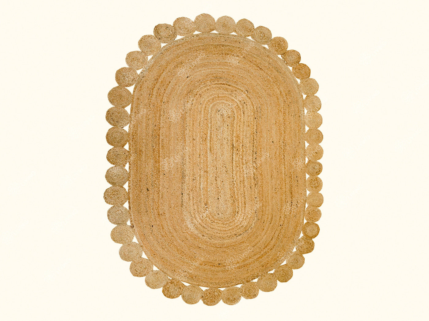 Natural jute oval rug laid flat showing braided texture