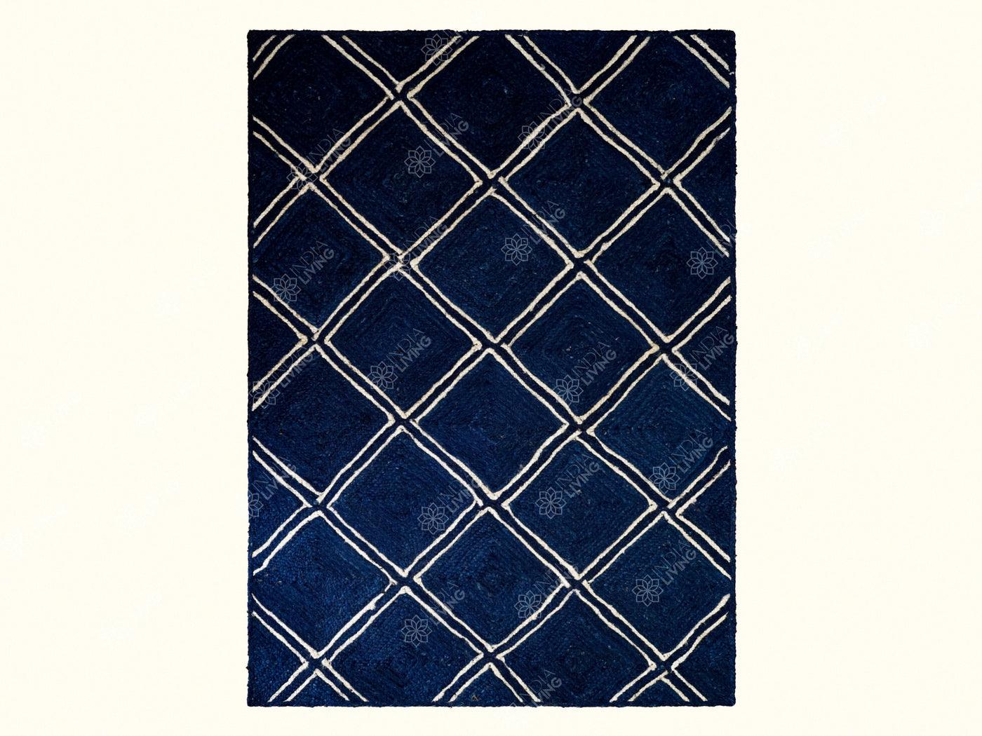 Navy blue braided boho jute rug, flat lay view