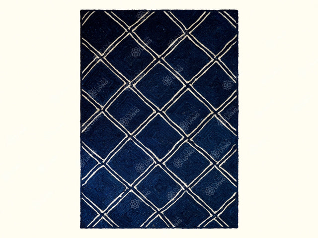 Navy blue braided boho jute rug, flat lay view