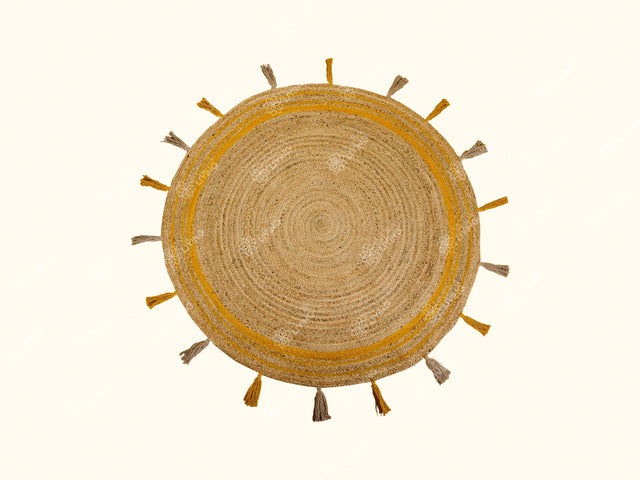 Yellow jute mat styled in an entryway