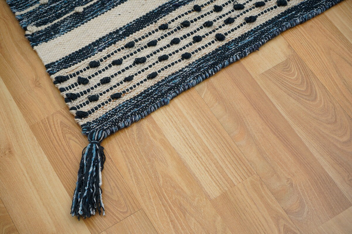 Denim blue kilim rug on outdoor patio