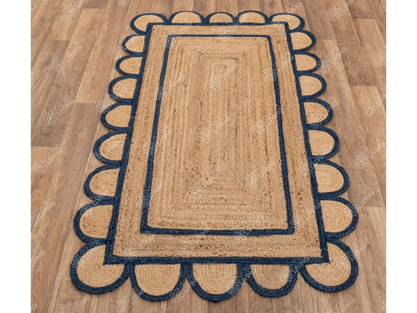 Navy blue scalloped jute rug, flat lay view