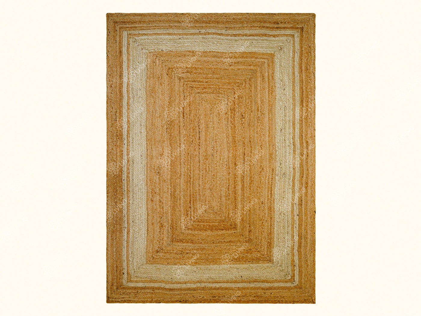 White bordered natural jute hemp rug flat lay full view