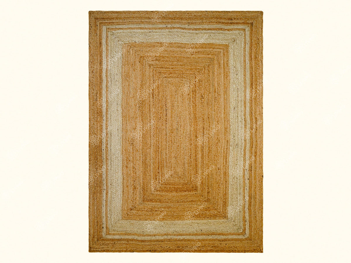 White bordered natural jute hemp rug flat lay full view