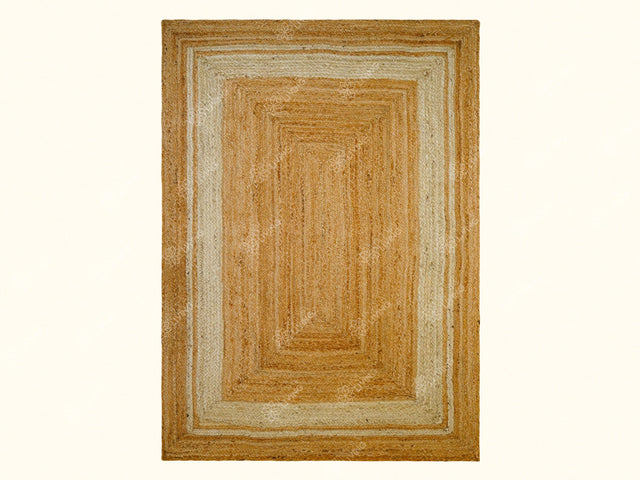 White bordered natural jute hemp rug flat lay full view