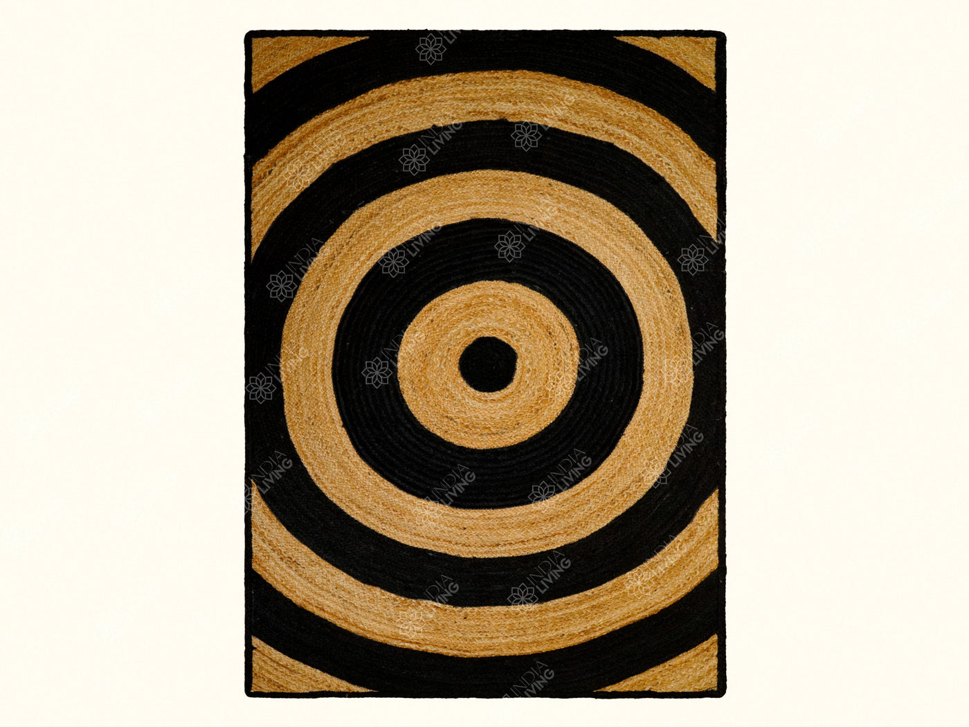 Black rings natural jute rug, flat lay view