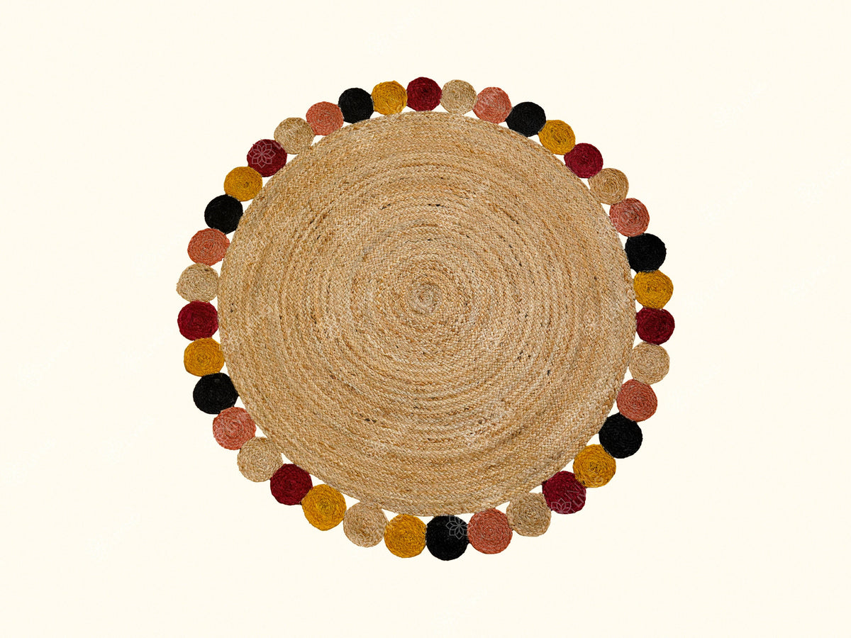 Round jute rug styled with a plant and chair nearby