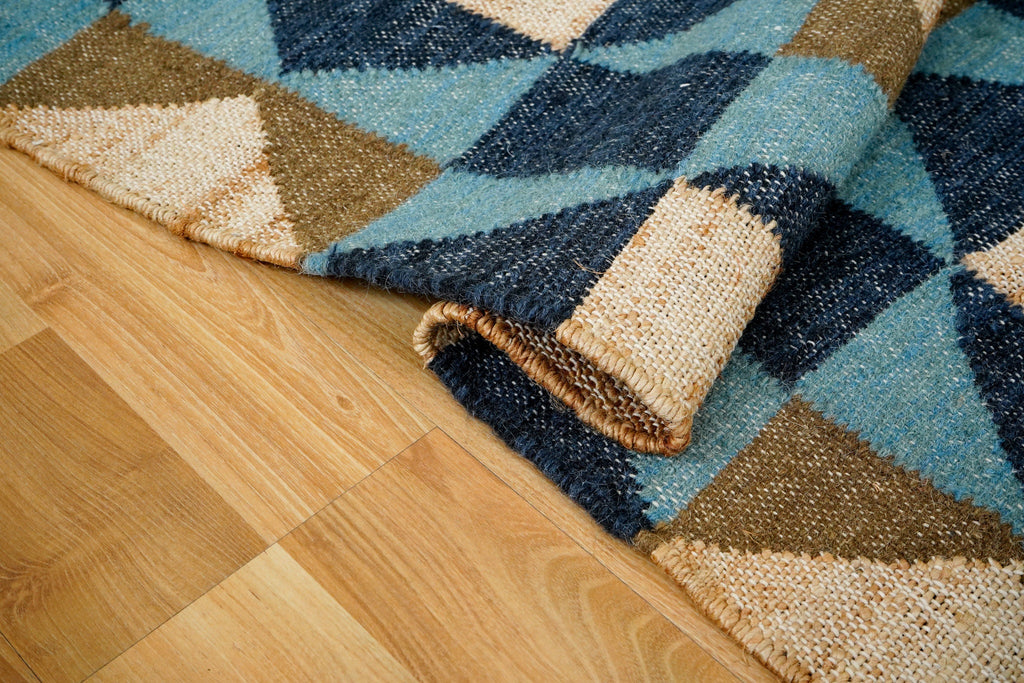 Blue Abstract wool Rug - Flat weave, Modern decor, Minimalistic, Geometric, natural jute rug