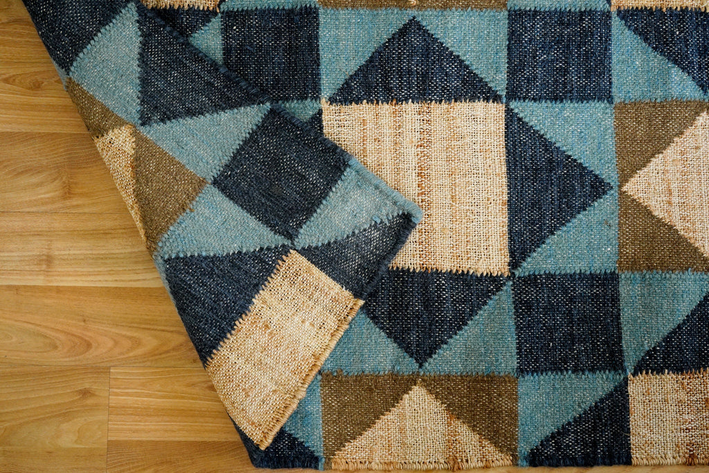 Blue Abstract wool Rug - Flat weave, Modern decor, Minimalistic, Geometric, natural jute rug