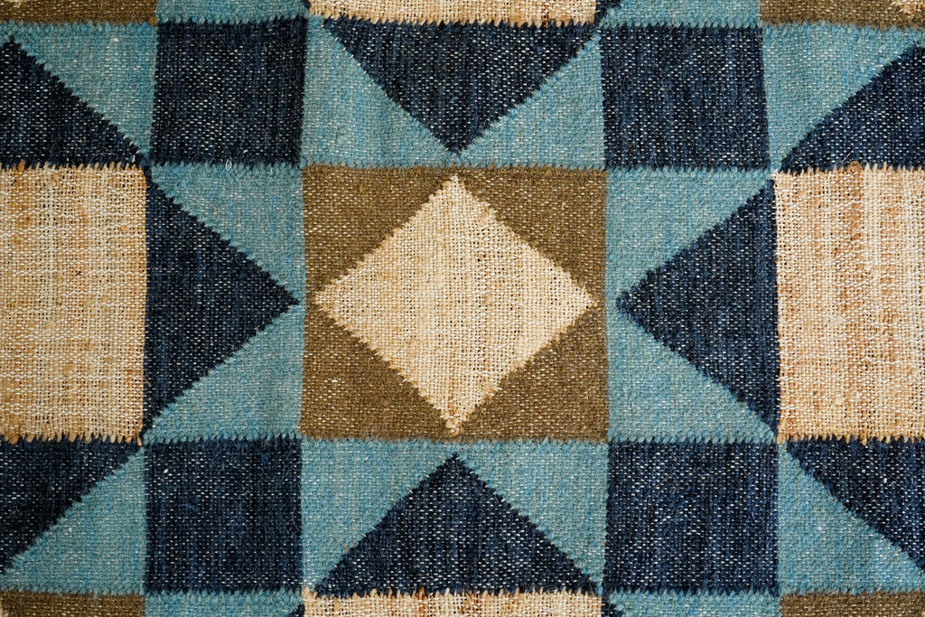 Blue Abstract wool Rug - Flat weave, Modern decor, Minimalistic, Geometric, natural jute rug