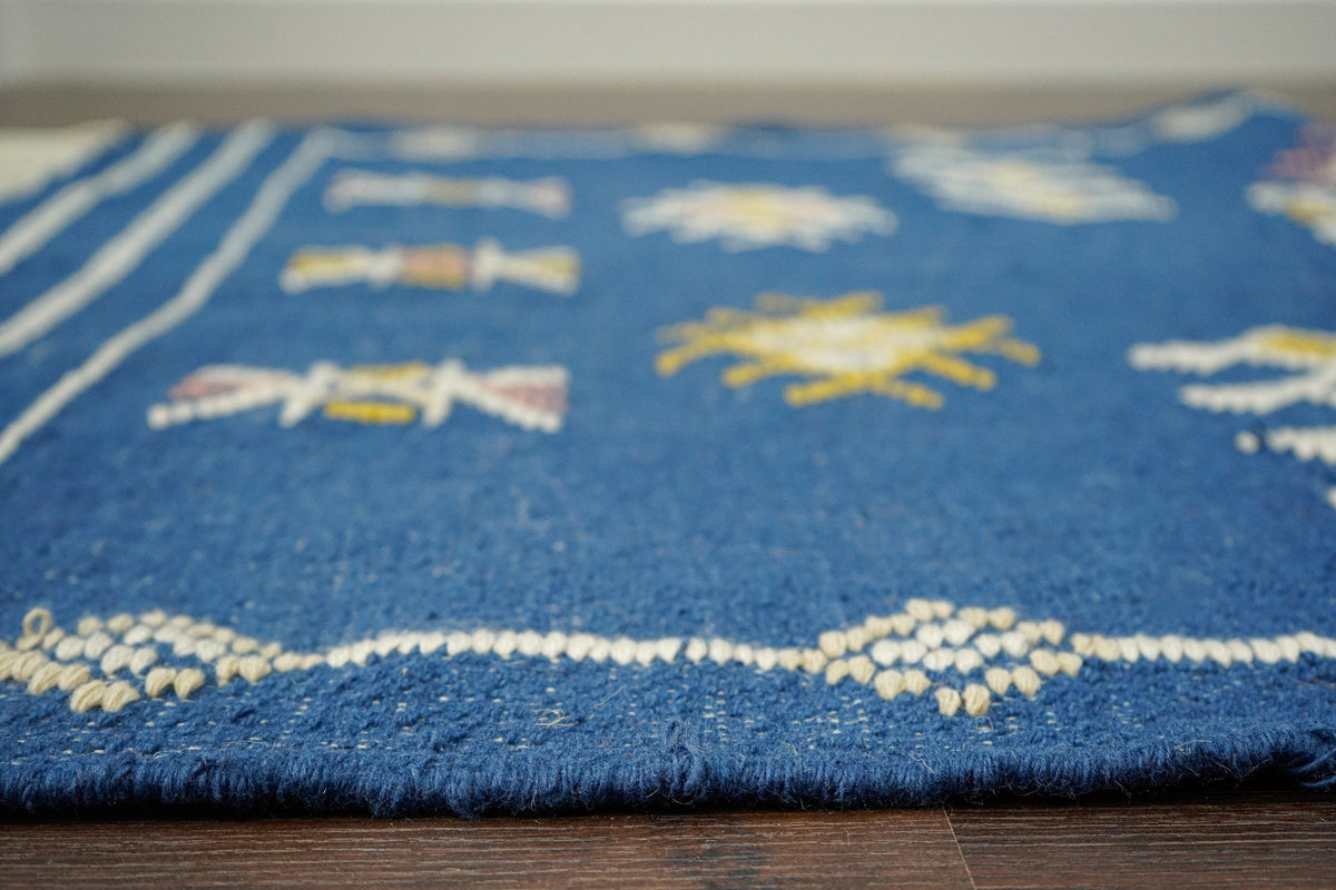 Close-up of blue Aztec kilim weave texture