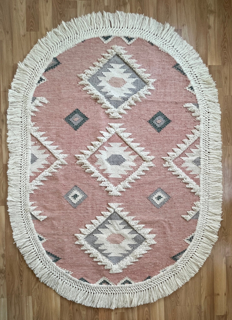 Pink Bohemian Oval Wool Shaggy Rug , Oval rug for Living room -Handcrafted Moroccan decor rug, Custom made