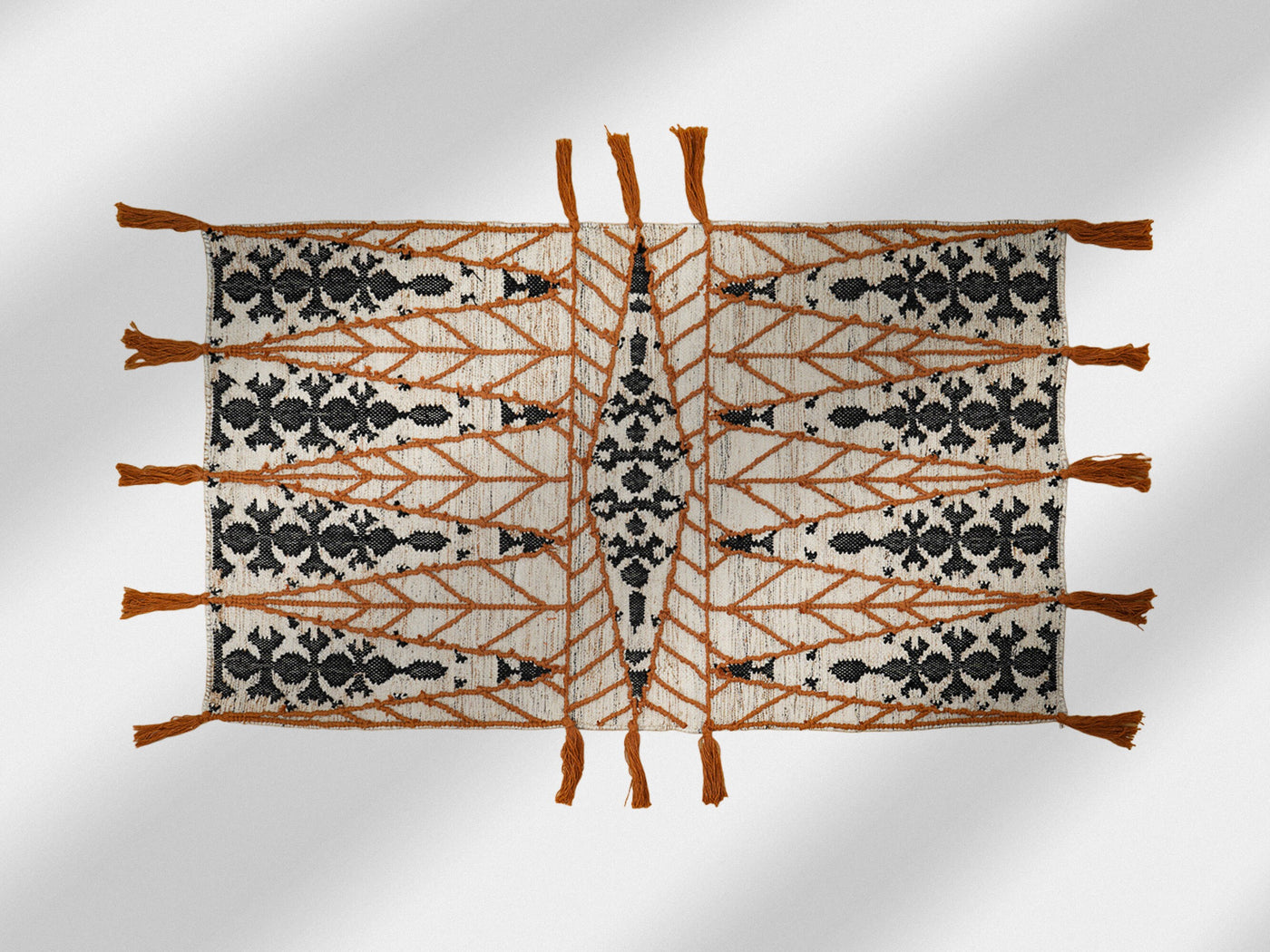 Abstract tribal tassel kilim rug flat lay full view
