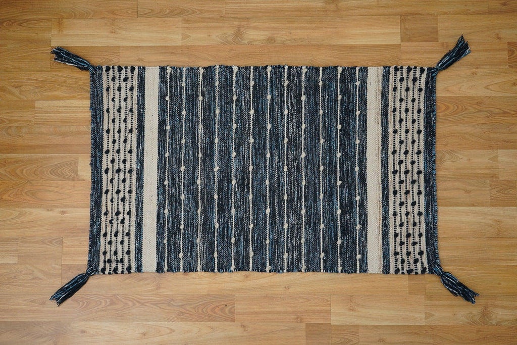 Dark Denim Blue Rustic Kilim Rug, custom made Outdoor Bohemian rug with tassels, Custom made rug/runner