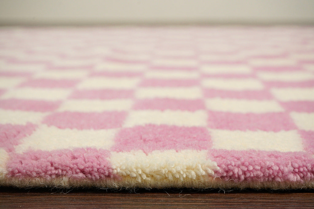 Pink Checkered rug - Hand Knotted Premium Geometric Modern decor rug, Custom made in all sizes