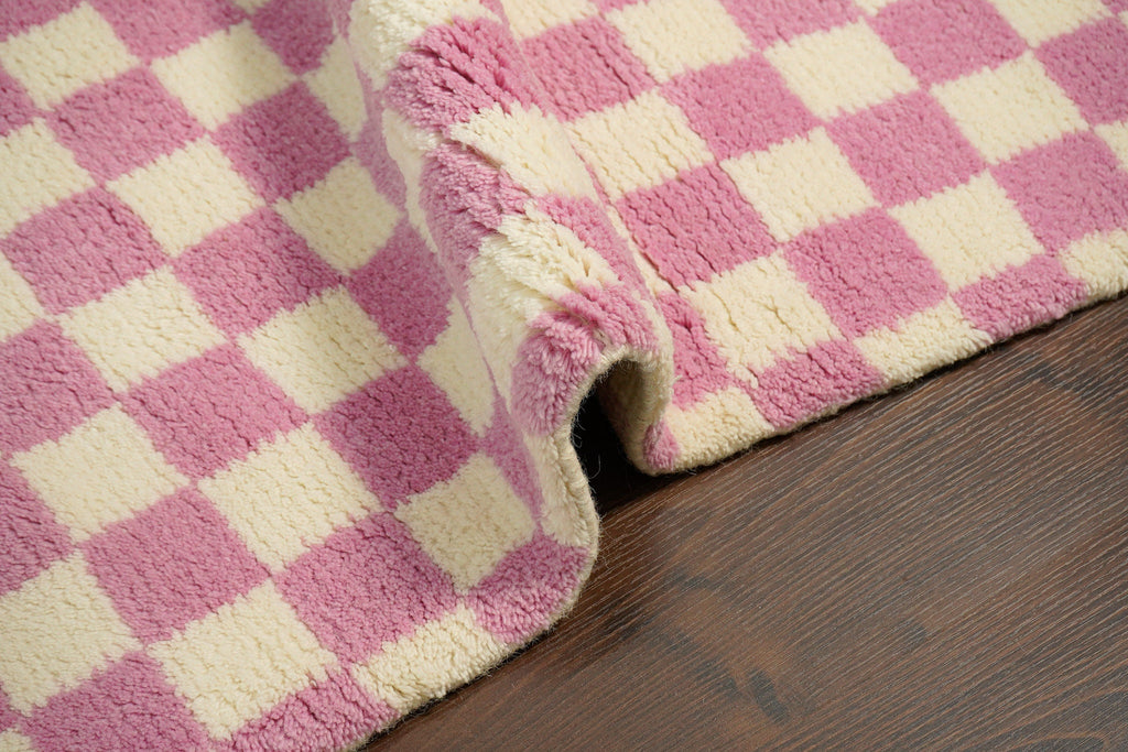 Pink Checkered rug - Hand Knotted Premium Geometric Modern decor rug, Custom made in all sizes