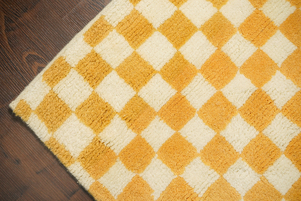 Yellow checkered Wool rug - Hand knotted, Super soft, Geometric abstract, Custom made