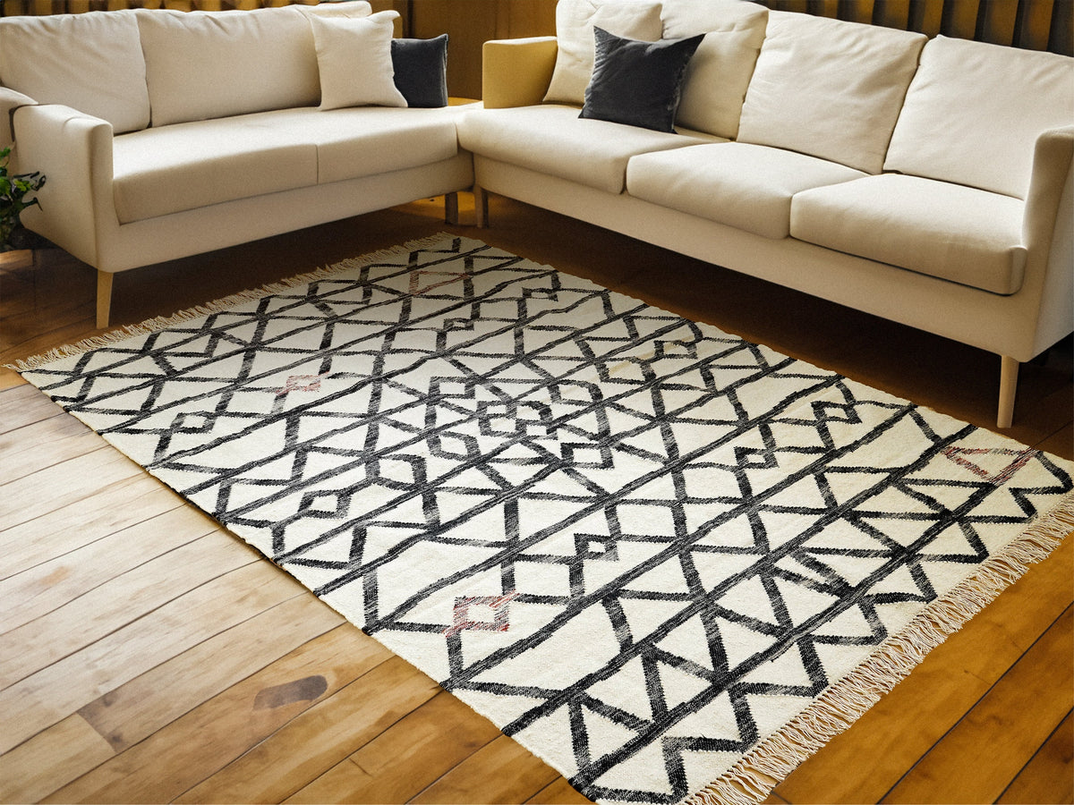 Ivory wool flatweave rug, flat lay view